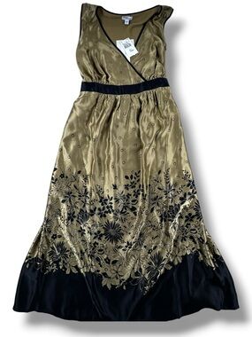 Mimi Maternity Silk Dress Large Gold Black Embellished Empire Waist Formal NWT
